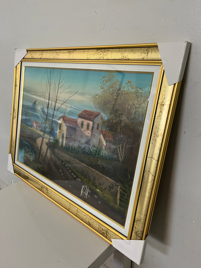 Framed Rustic Countryside Landscape Painting