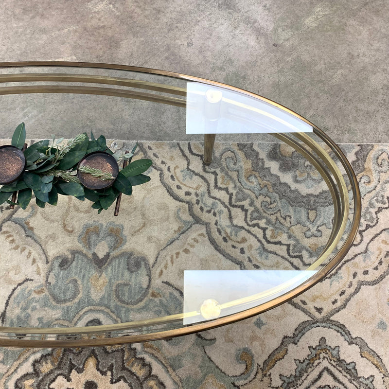 54.5-Inch W Oval Coffee Table – Brushed Brass Frame with Glass Insert