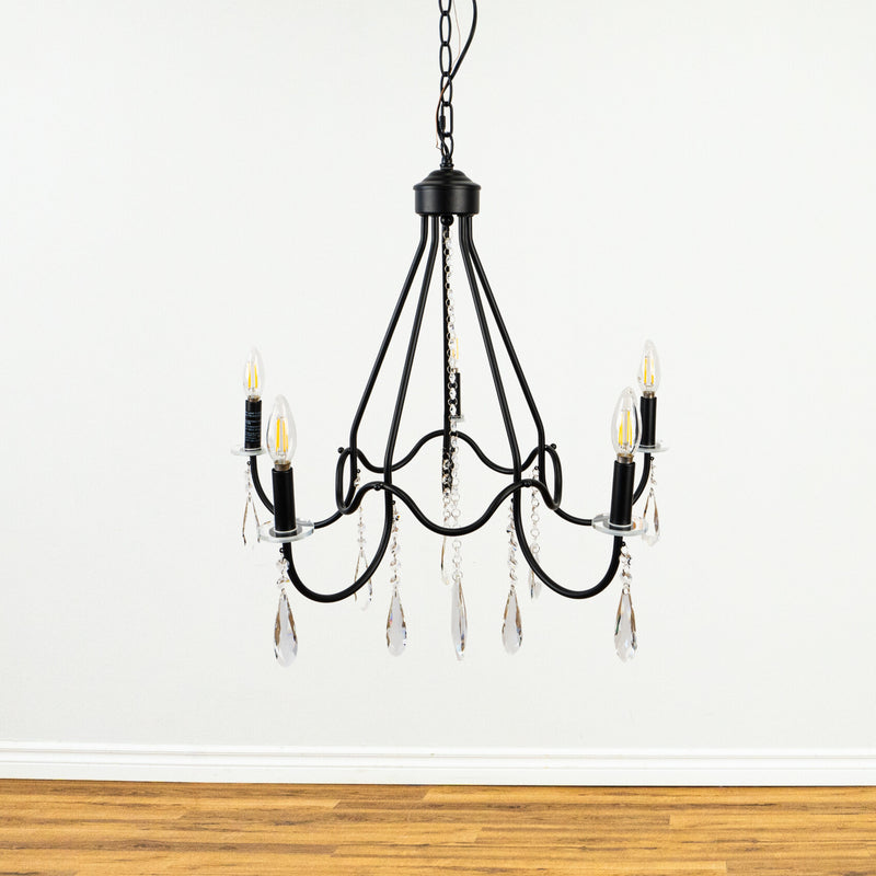 5-Light Chandelier w/ Crystals in Matte Black