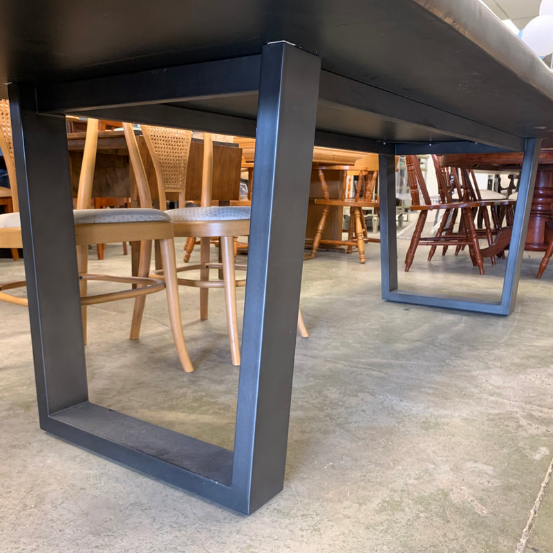 120-Inch W Summit Dining Table – Textured Dark Wood with Sculptural Base