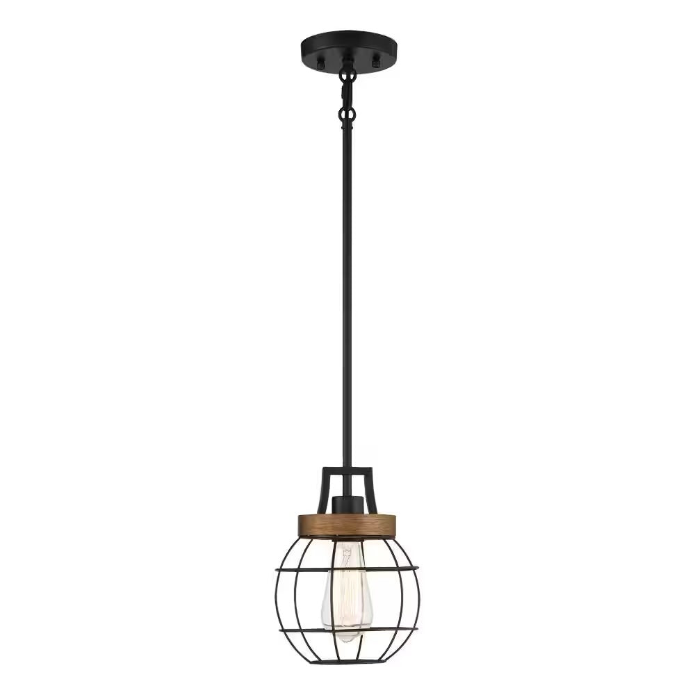 1-Light LED Pendant in Matte Black with Faux Wood