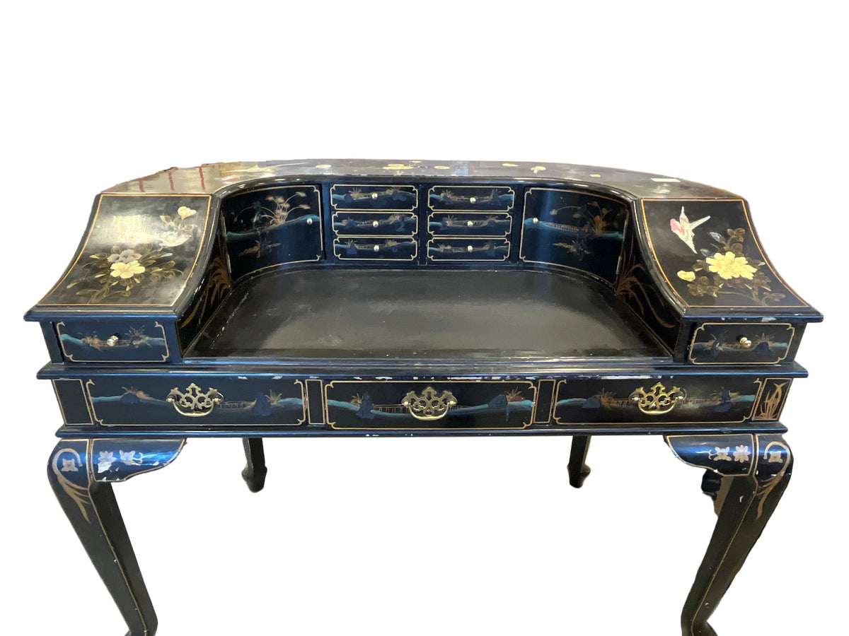 Black Lacquer and Gold Chinoiserie Harpsichord-Style Antique Writing Desk
