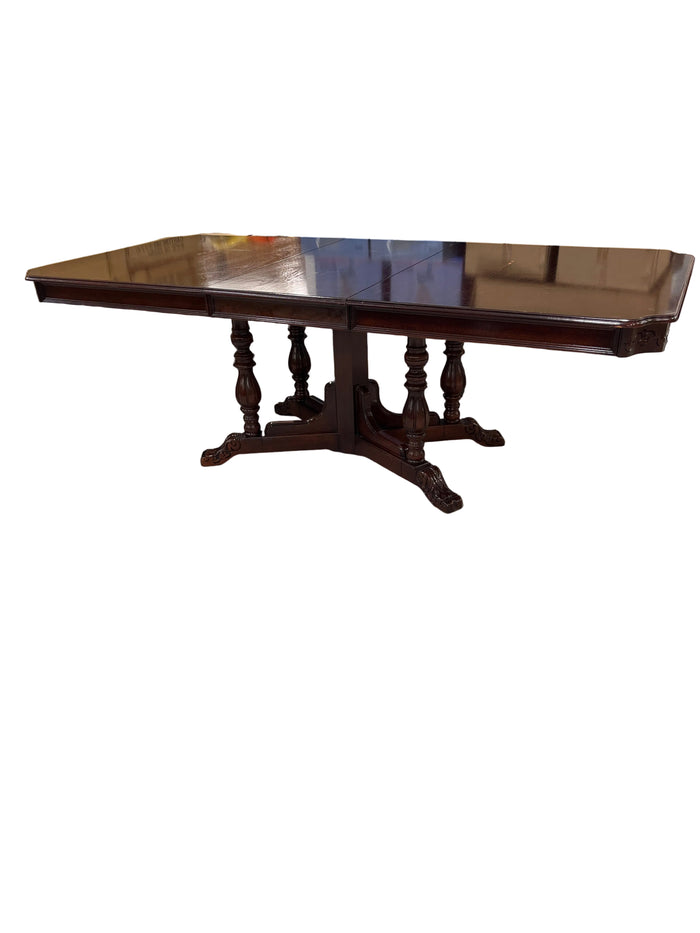 Dark Brown Wooden Extendable Dining Table with Pedestal Base