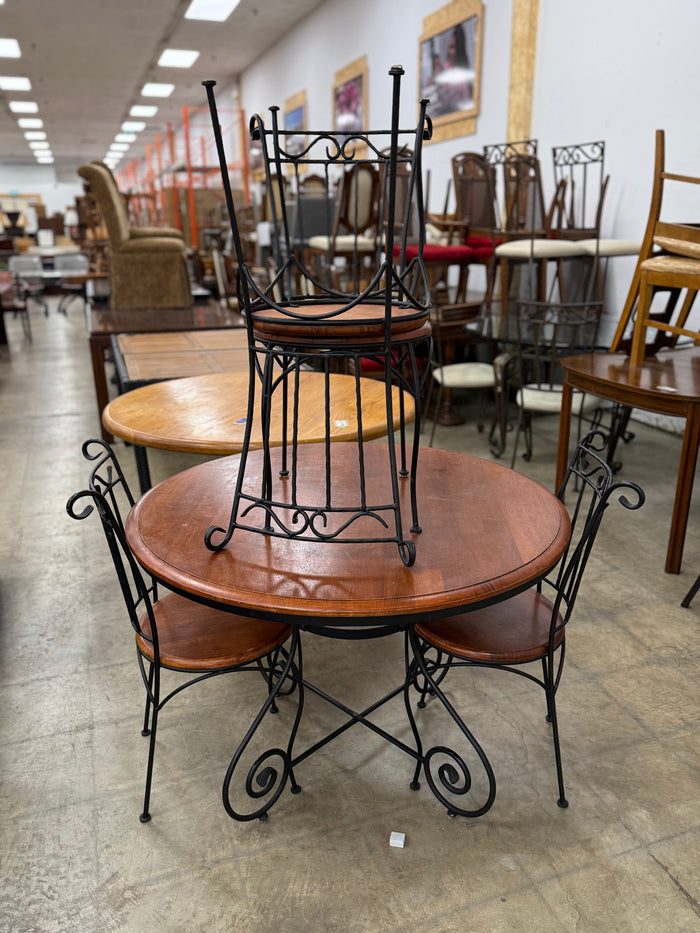 Vintage Twisted Iron and Oak Ice Cream Parlor Dining Set