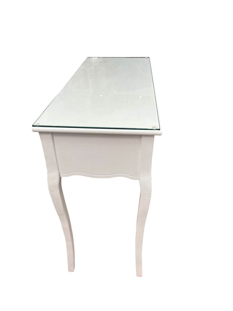 White Vanity Table With Glass Top & Curved Legs