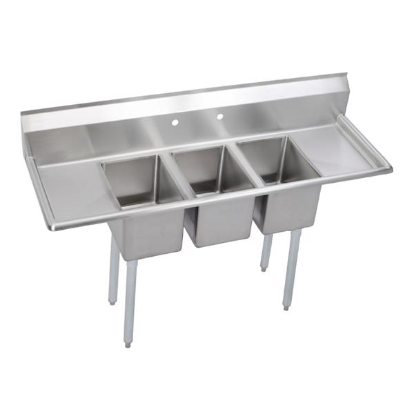 Elkay Stainless Steel 58" x 19-13/16" x 43-3/4" 16 Gauge Three Compartment Sink w/ 12" Left and Right Drainboards and Stainless Steel Legs