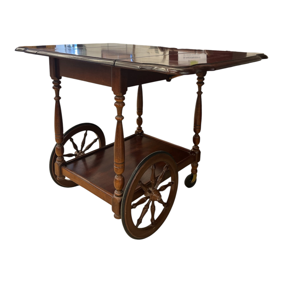 Vintage Mahogany Drop-Leaf Tea Cart with Spindle Wheels and Lower Shelf