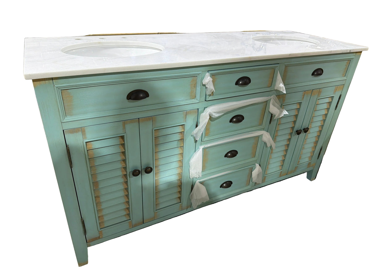 California Seafoam Green Double Vanity with White Stone Counter Top