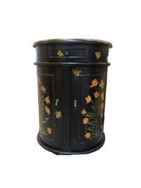 Hand Painted Black Floral Demilune Accent Cabinet