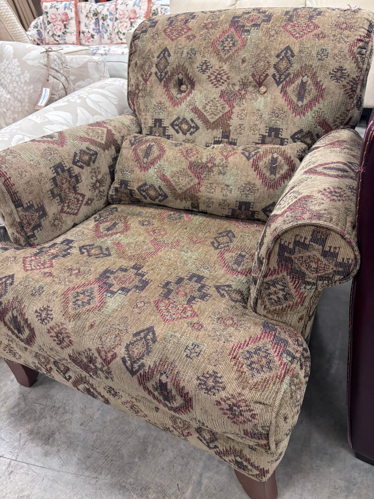 Earth-Tones Tapestry Style Accent Chair w. Lumbar Pillow