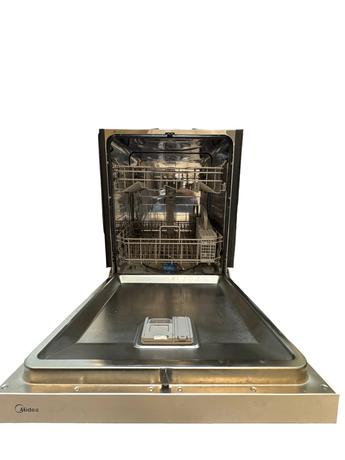 Midea 24-inch white built-in dishwasher with front controls.