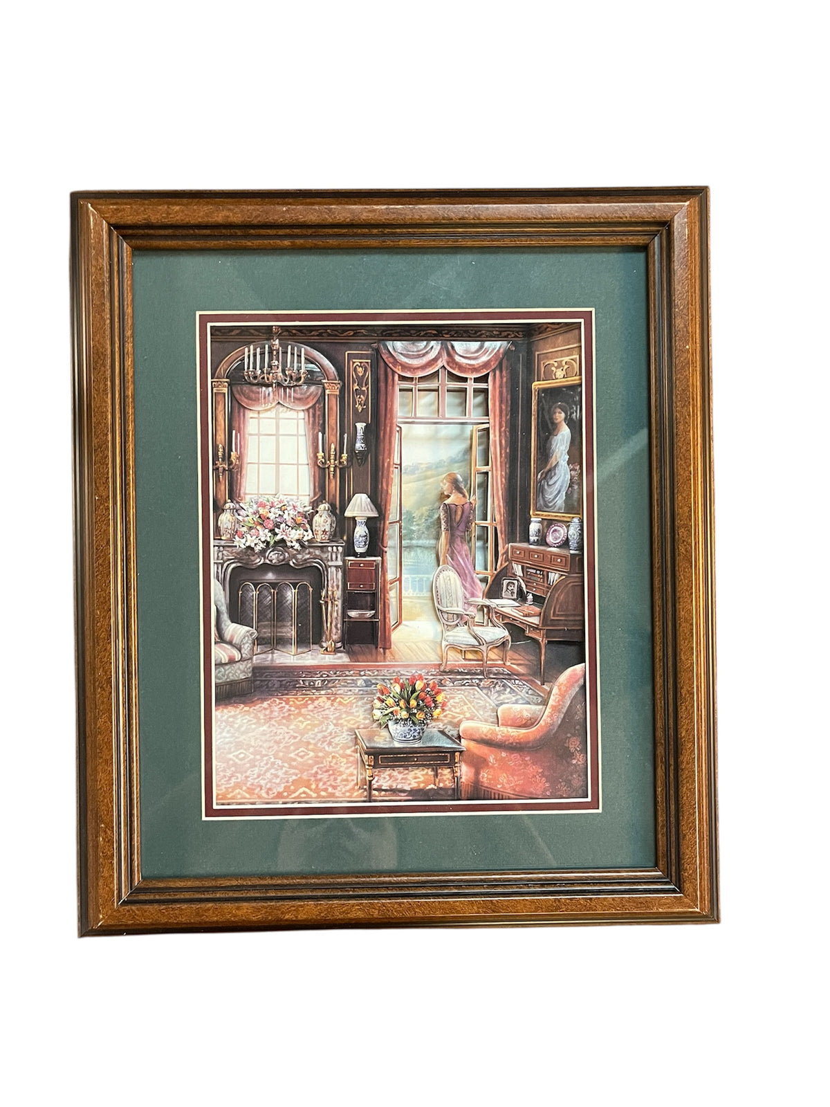 Victorian Era Parlour Diorama- Green Background on Chestnut Frame