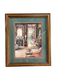 Victorian Era Parlour Diorama- Green Background on Chestnut Frame