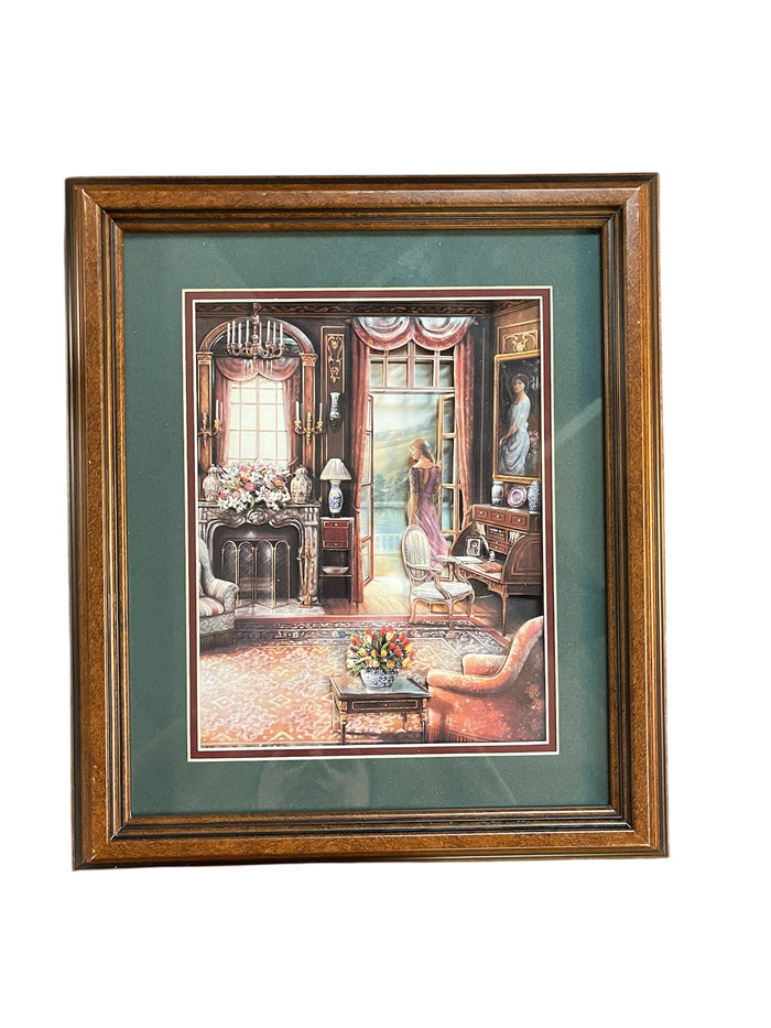 Victorian Era Parlour Diorama- Green Background on Chestnut Frame