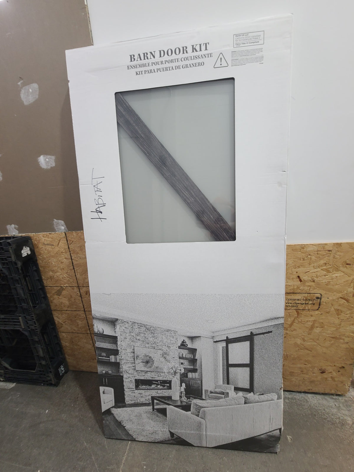 TRUporte 36-inch x 84-inch Iron Age K Lite Frosted Glass Rustic Barn Door with Hardware Kit