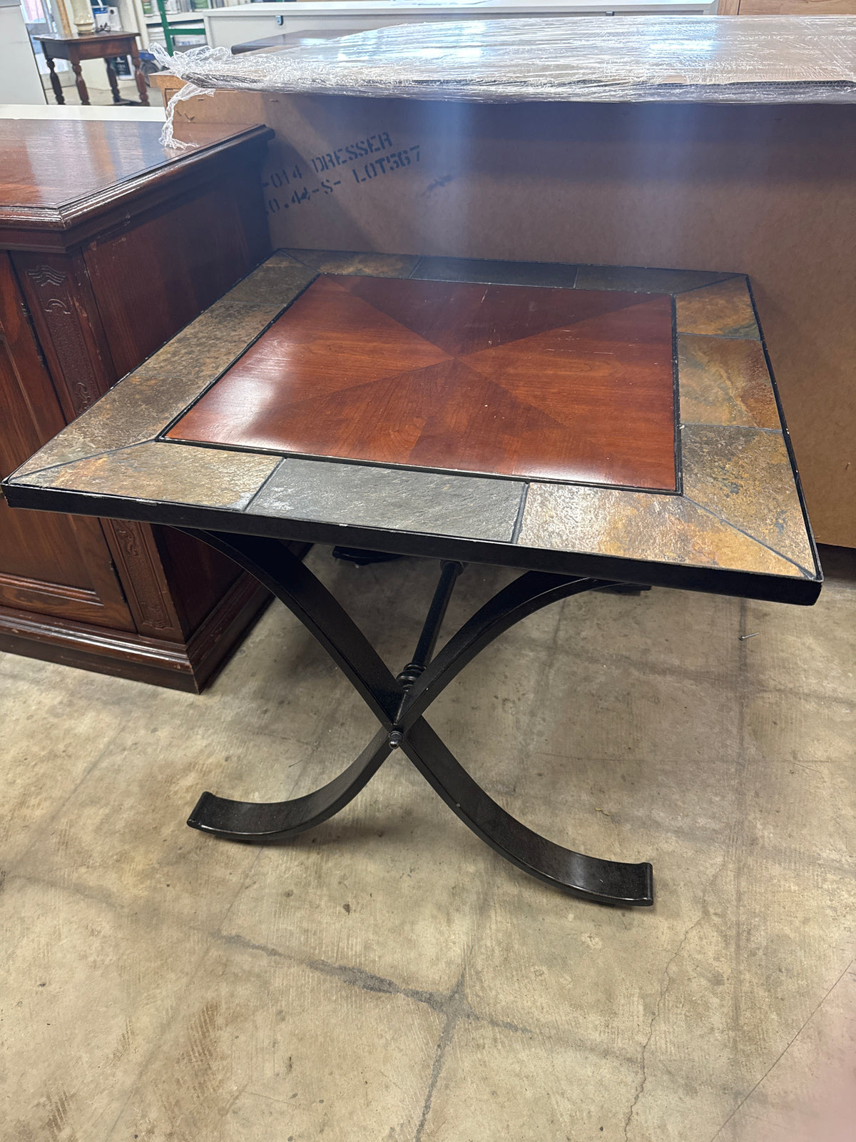 Wood And Tile Top Side Table With Metal Base
