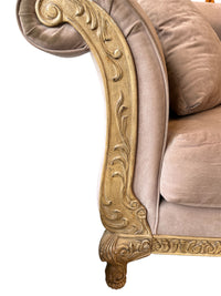 Scroll Arm Velvet Sofa With Carved Wood Frame Detailing