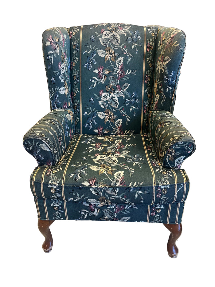 Classic Dark Green Floral Tapestry Wingback Armchair