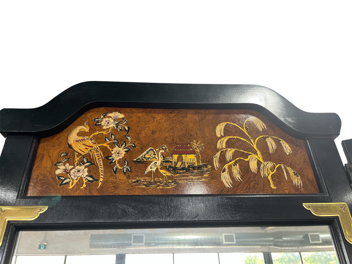 Burl Wood Dresser with Tri-Fold Mirror & Bird & Floral Motifs