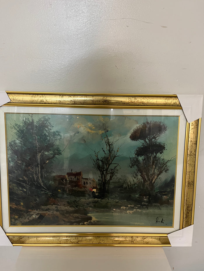 Framed Rustic Countryside River Painting