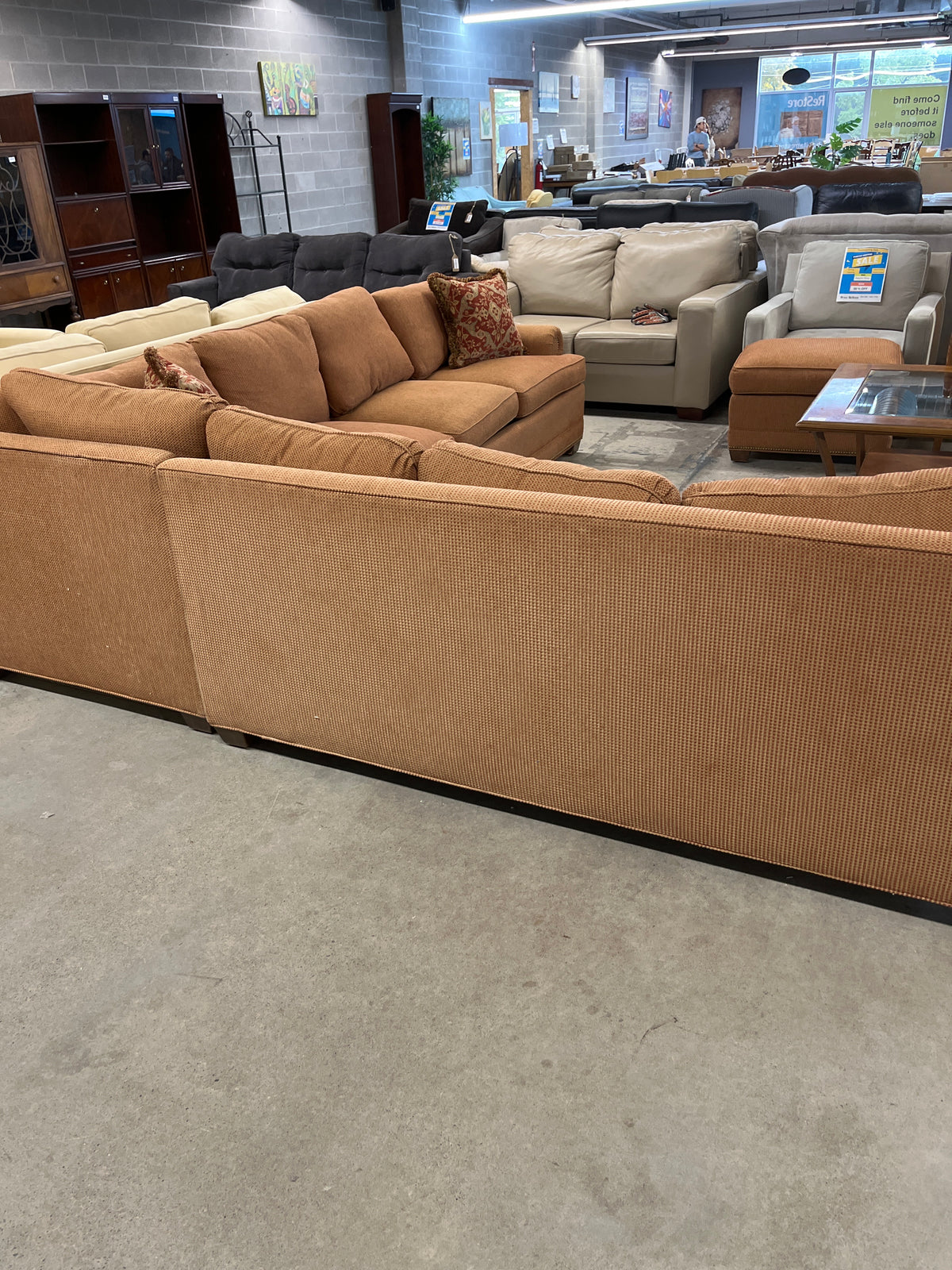 114" W Orange Woven Sectional Sofa