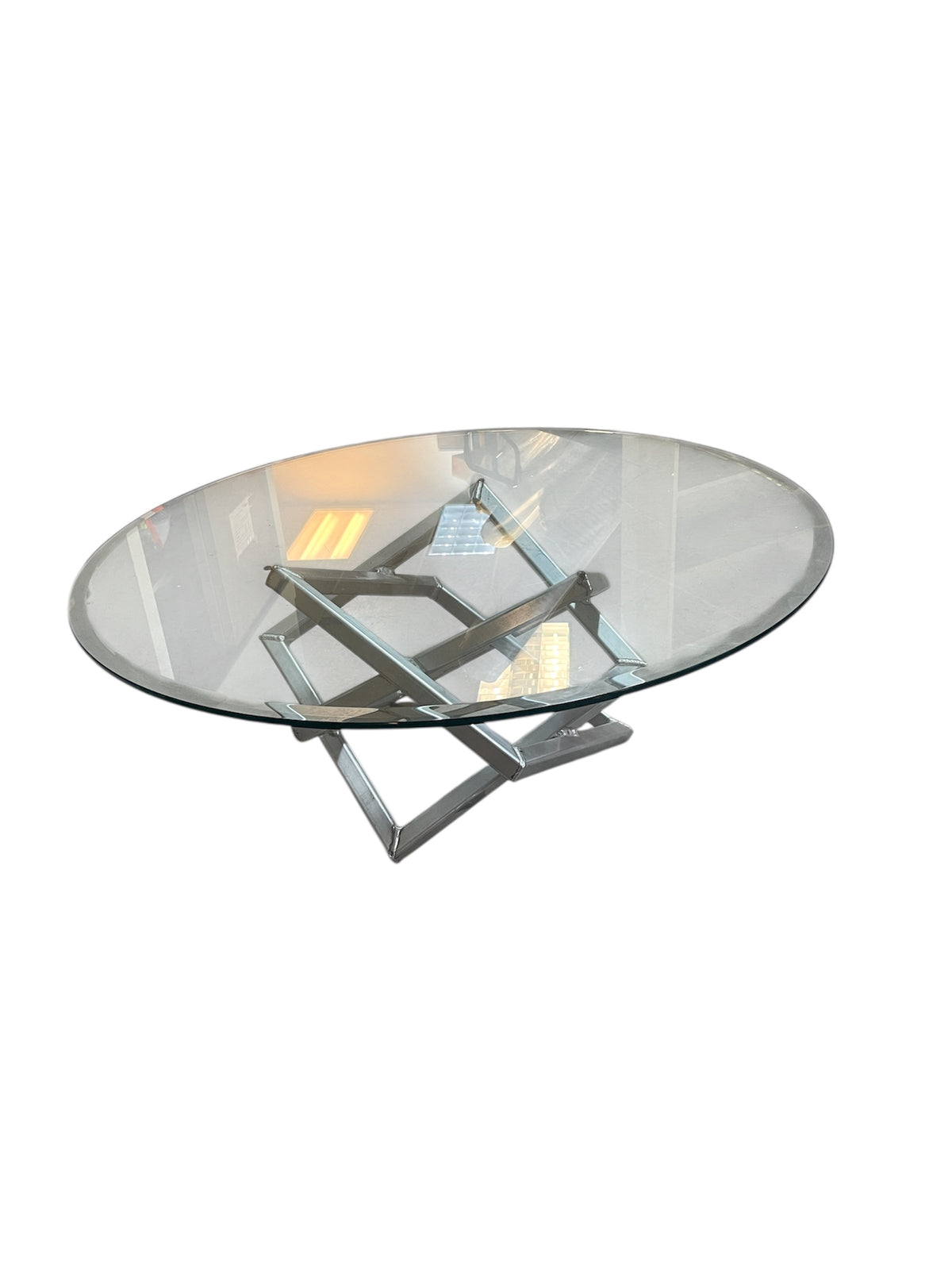Round Glass Coffee Table with Square Metal Base
