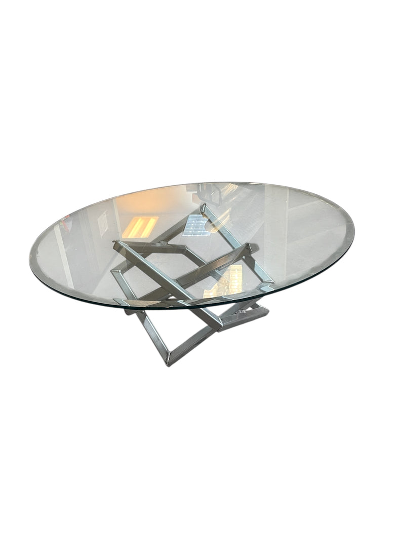 Round Glass Coffee Table with Square Metal Base