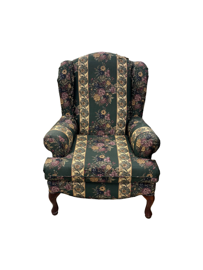 Dark Green Floral Wingback Armchair