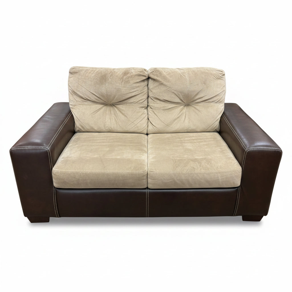 Beige Loveseat with Faux Leather Base