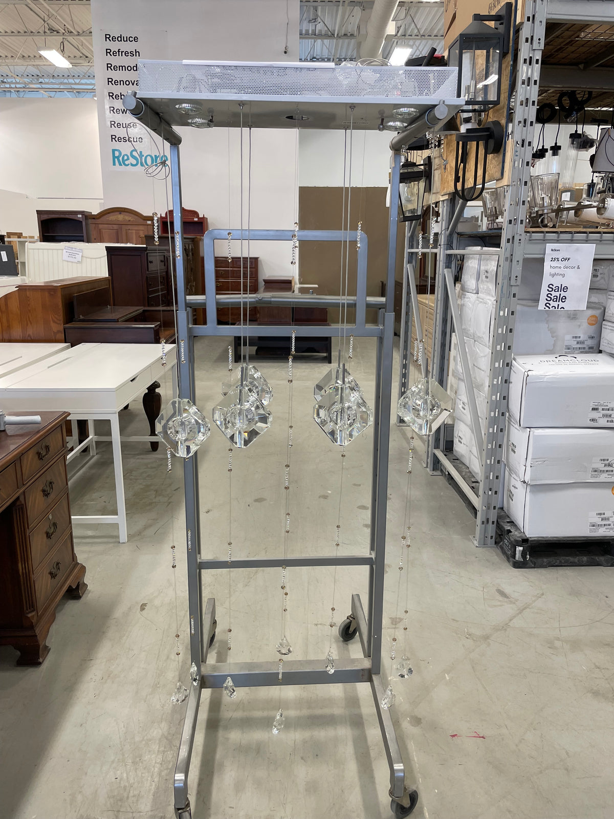 6-Crystal Chandelier with White Rectangular Canopy and 2-tone Crystal Strands