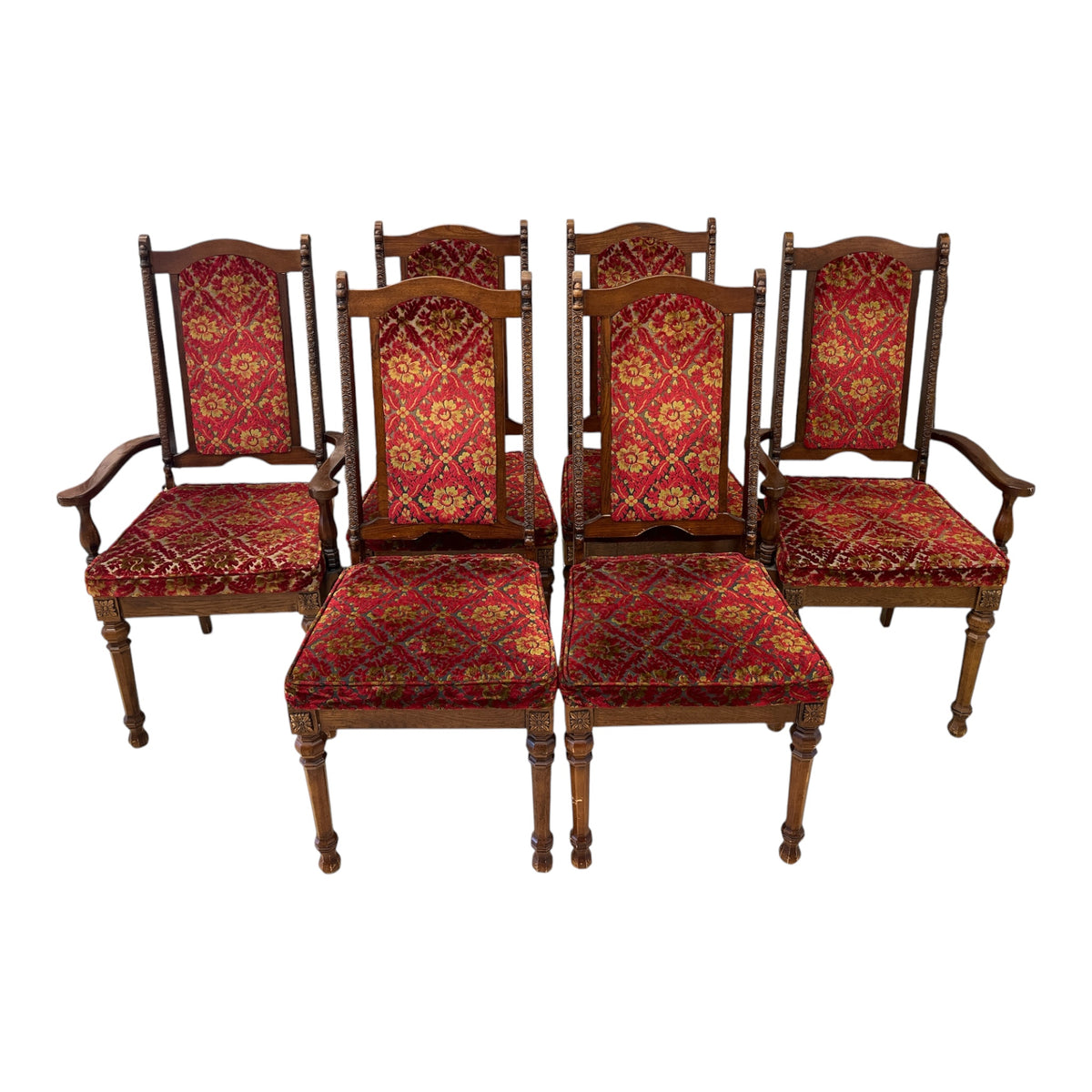Carved Oak Dining Set w/ 6 Upholstered Chairs