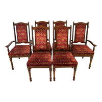 Carved Oak Dining Set w/ 6 Upholstered Chairs