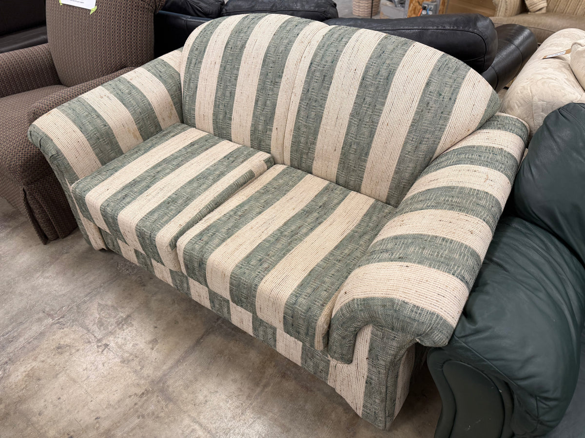White and Green Striped Fabric Loveseat