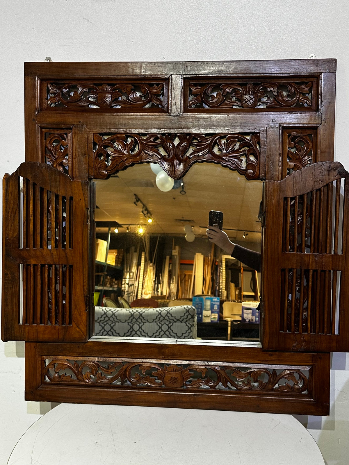 Stunning Hand-Carved Balinese Style, Wooden Window Mirror with Shutter Doors.