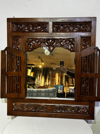 Stunning Hand-Carved Balinese Style, Wooden Window Mirror with Shutter Doors.