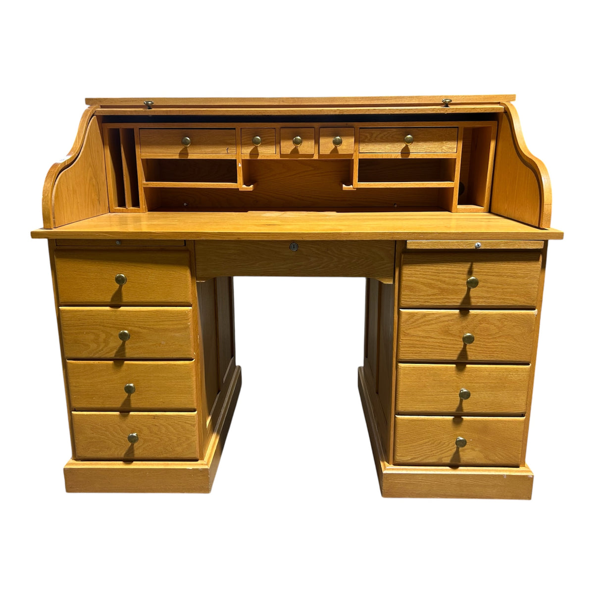 Honey-oak Roll-top Pedestal Desk
