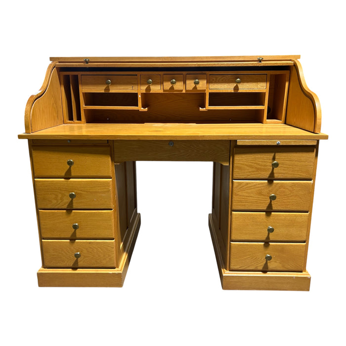 Honey-oak Roll-top Pedestal Desk