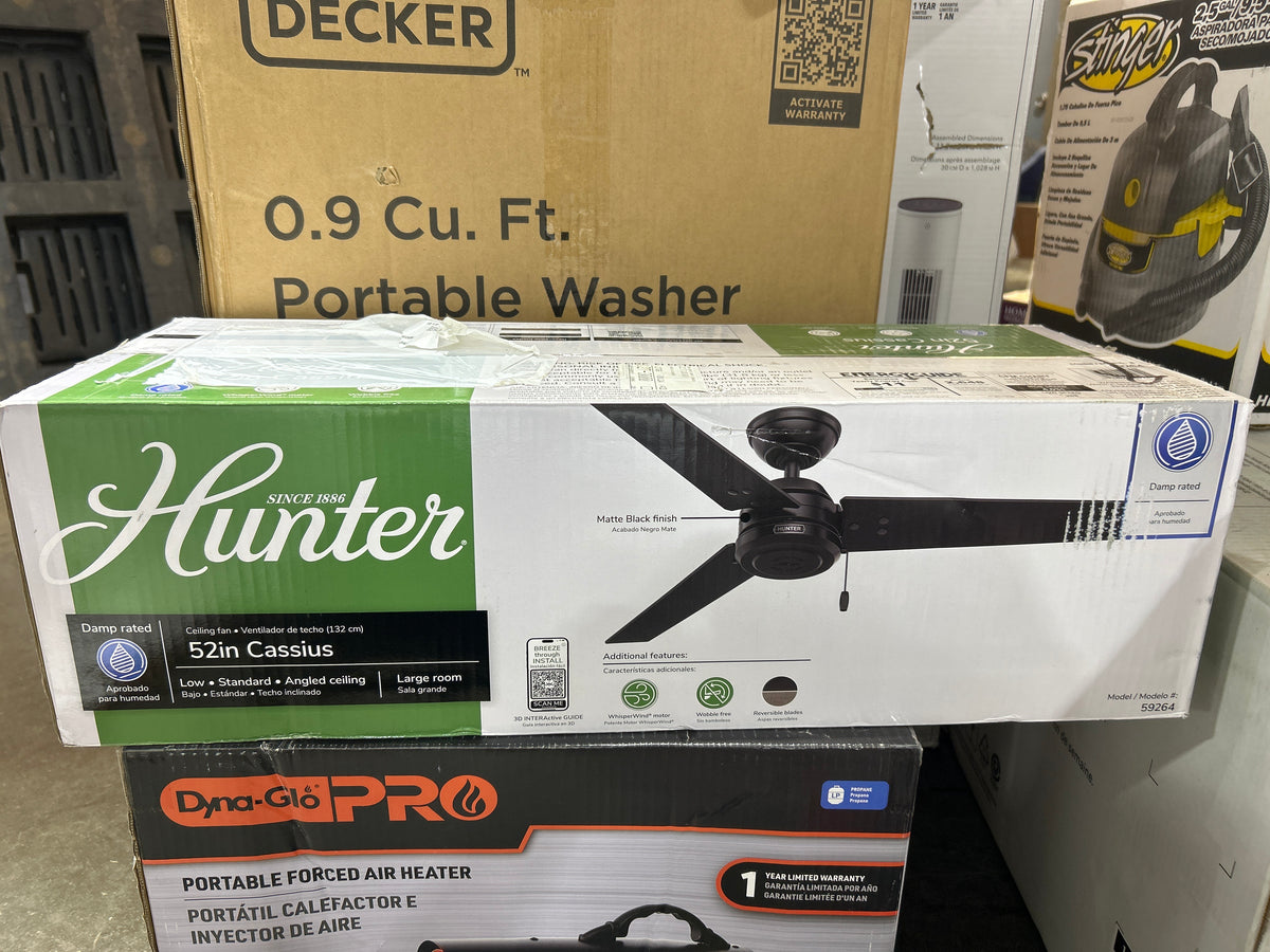 Hunter 52 inch Cassius Matte Black Damp Rated Ceiling Fan and Pull Chain
