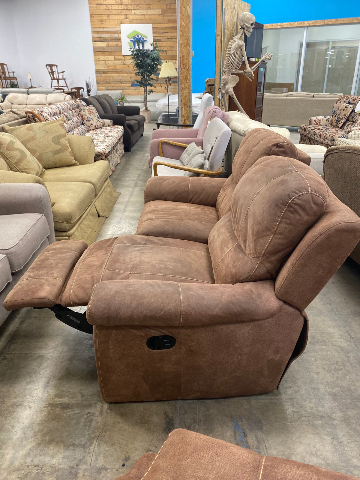 Light Brown Suede Reclining Loveseat