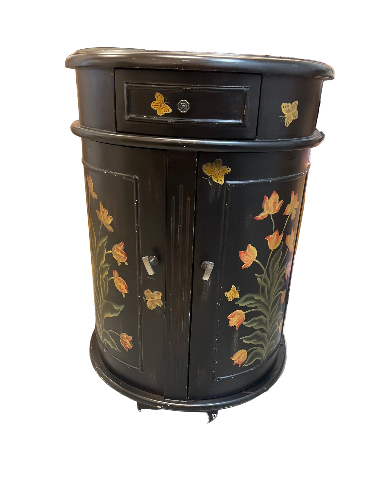 Hand Painted Black Floral Demilune Accent Cabinet