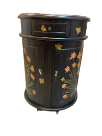 Hand Painted Black Floral Demilune Accent Cabinet