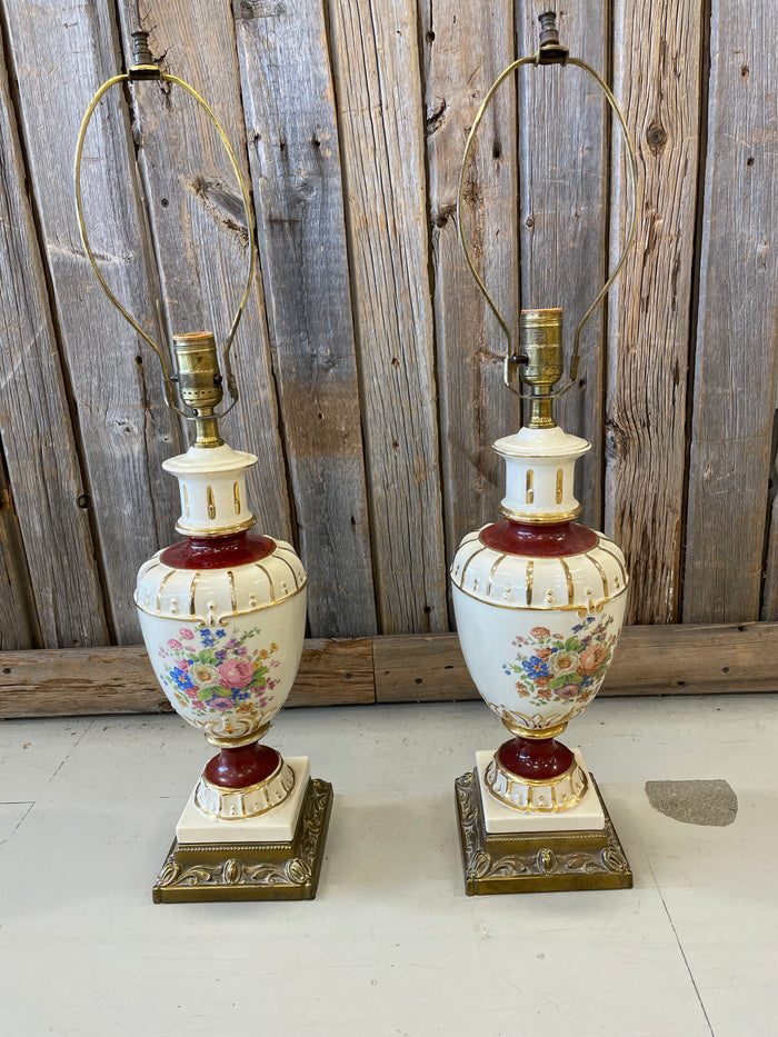 Pair of Vintage Porcelain Lamps with Floral Design - Handyperson Special