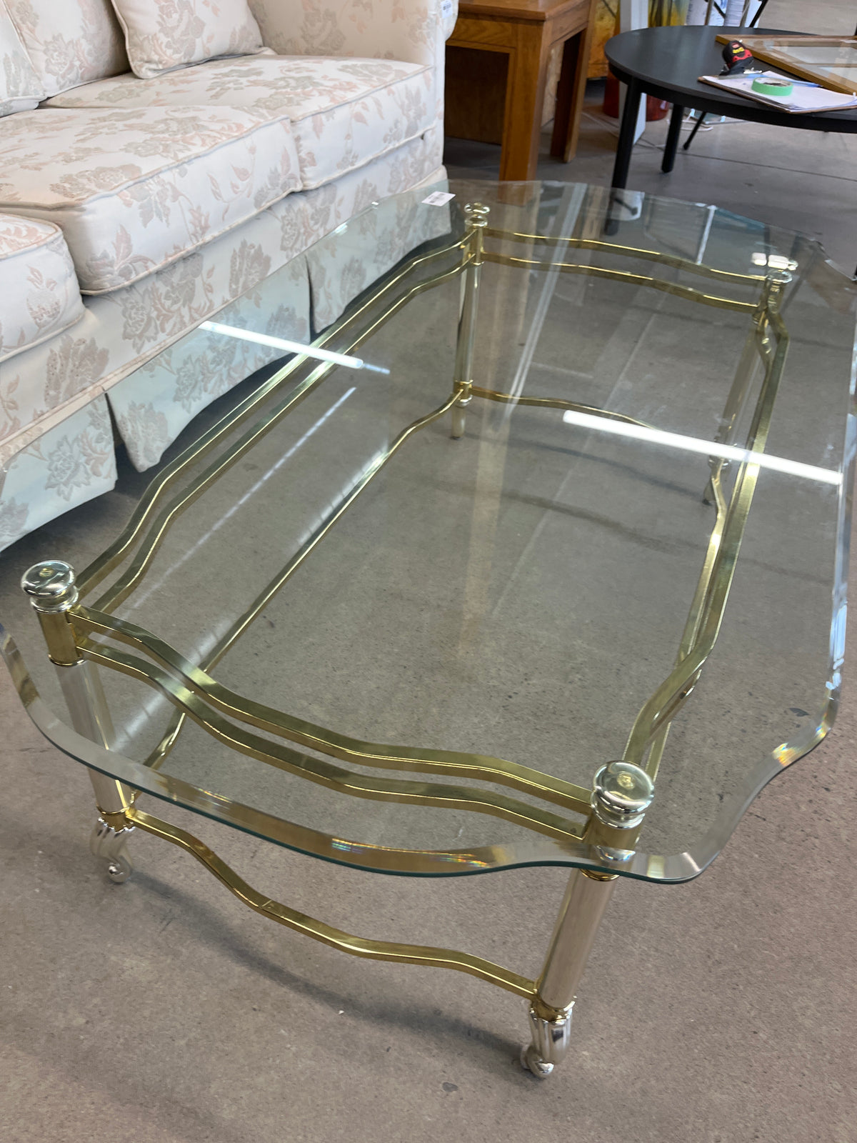 49"W Brass Coffee Table with Glass Top