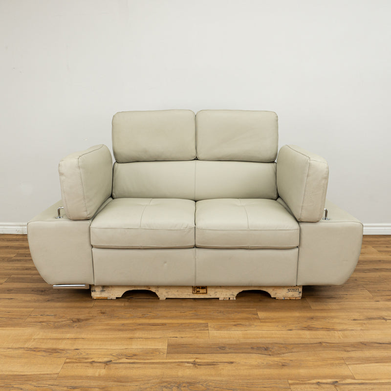 Leather Loveseat w/ Adjustable Backrests and Armrests in Light Beige