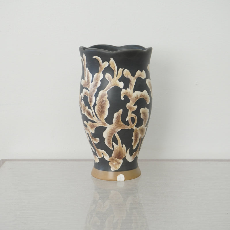 5-inch W Floral Ceramic Tall Vase in Black and Gold