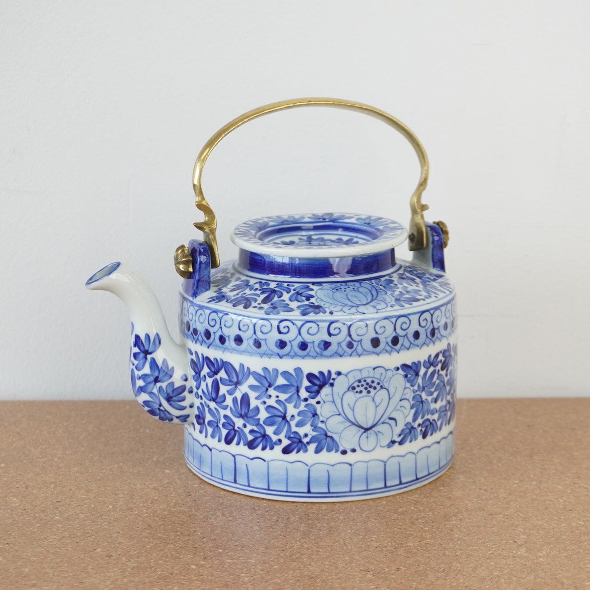 5-inch W Vintage Blue and White Porcelain Lidded Teapot w/ Brass Handle