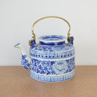 5-inch W Vintage Blue and White Porcelain Lidded Teapot w/ Brass Handle