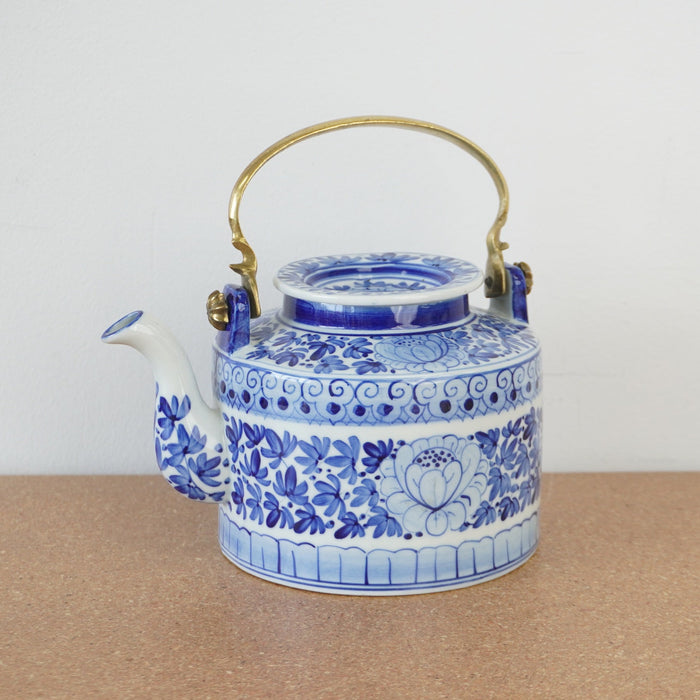 5-inch W Vintage Blue and White Porcelain Lidded Teapot w/ Brass Handle