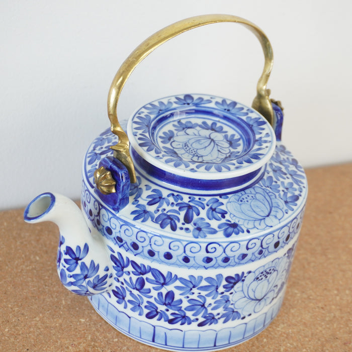 5-inch W Vintage Blue and White Porcelain Lidded Teapot w/ Brass Handle