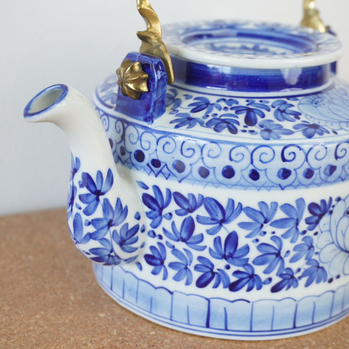 5-inch W Vintage Blue and White Porcelain Lidded Teapot w/ Brass Handle